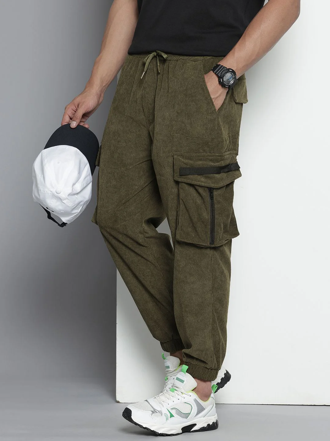 Men's Dark Olive Loose Fit Textured Utility Jogger - Image 2