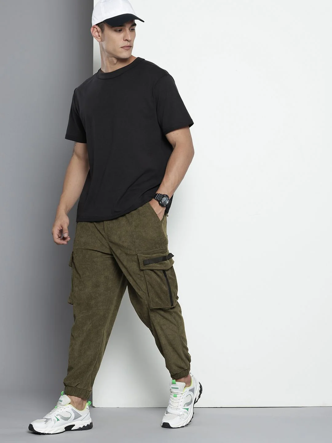 Men's Dark Olive Loose Fit Textured Utility Jogger - Image 3
