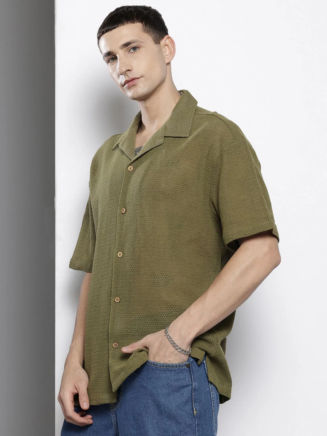 Men's Olive Relaxed Fit Textured Resort Wear Shirt - Image 2