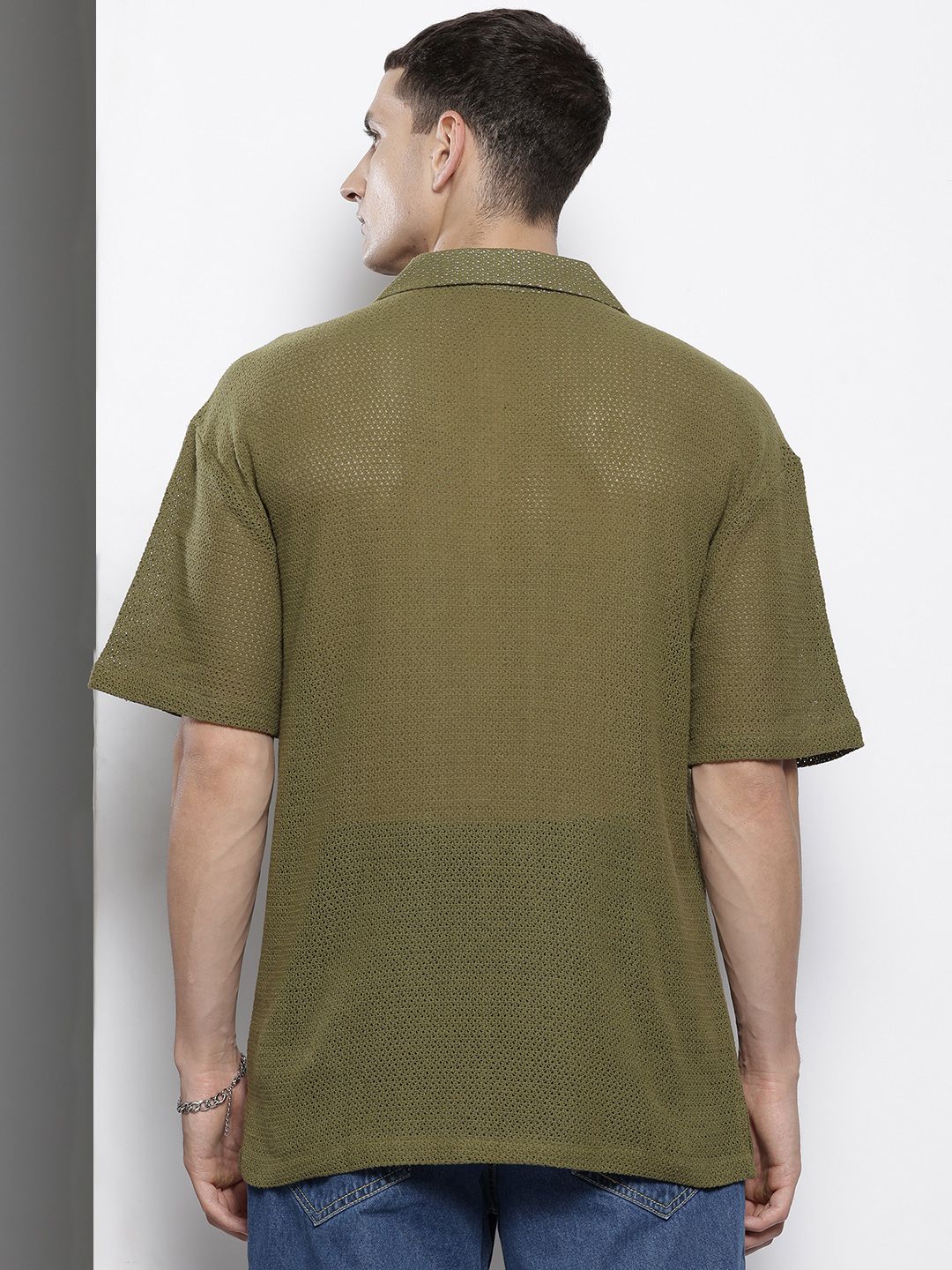 Men's Olive Relaxed Fit Textured Resort Wear Shirt - Image 3