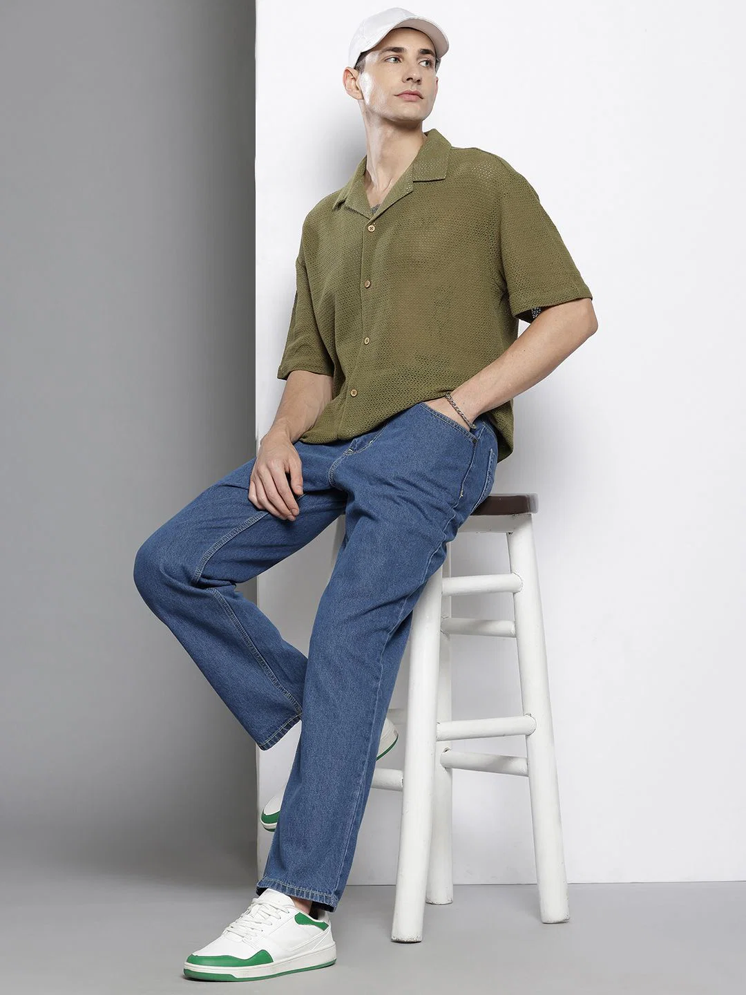 Men's Olive Relaxed Fit Textured Resort Wear Shirt - Image 4