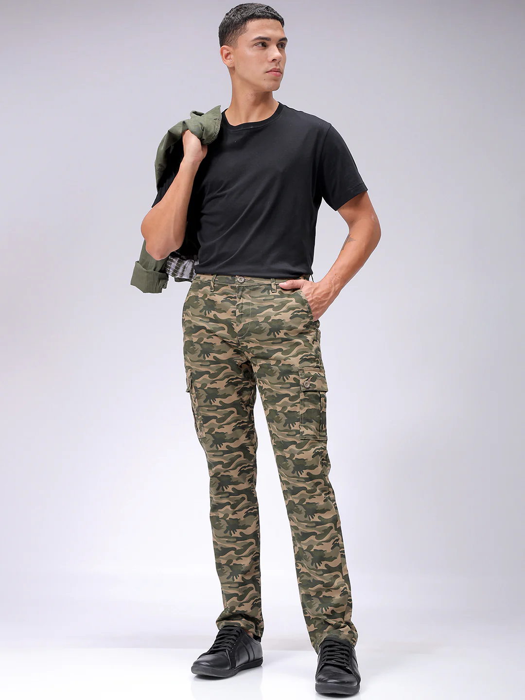 Men's Olive Camo Slim Fit Camouflage Print Casual Cargo - Image 2