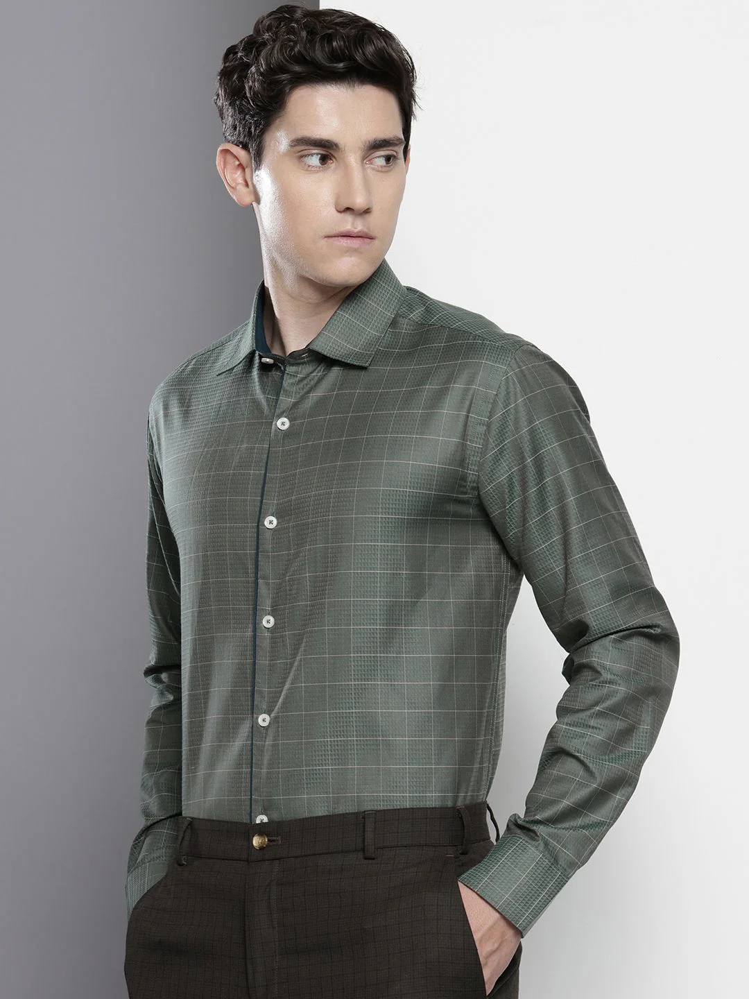 Men's Olive Slim Fit Checked Formal Shirt - Image 2