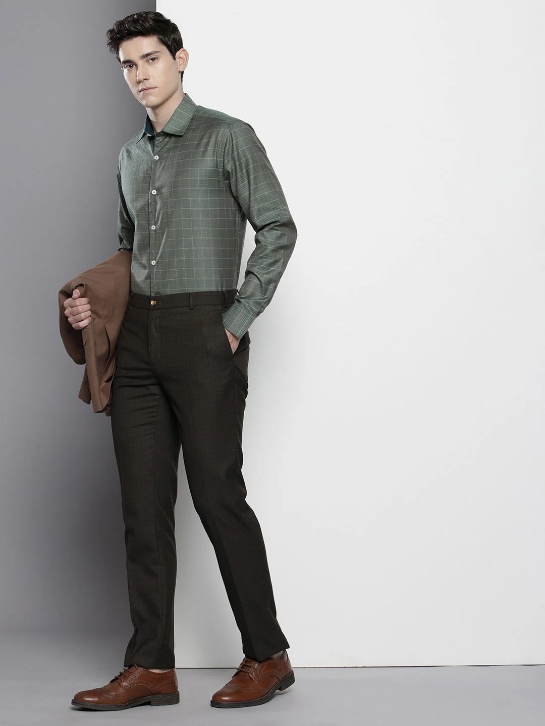 Men's Olive Slim Fit Checked Formal Shirt - Image 4