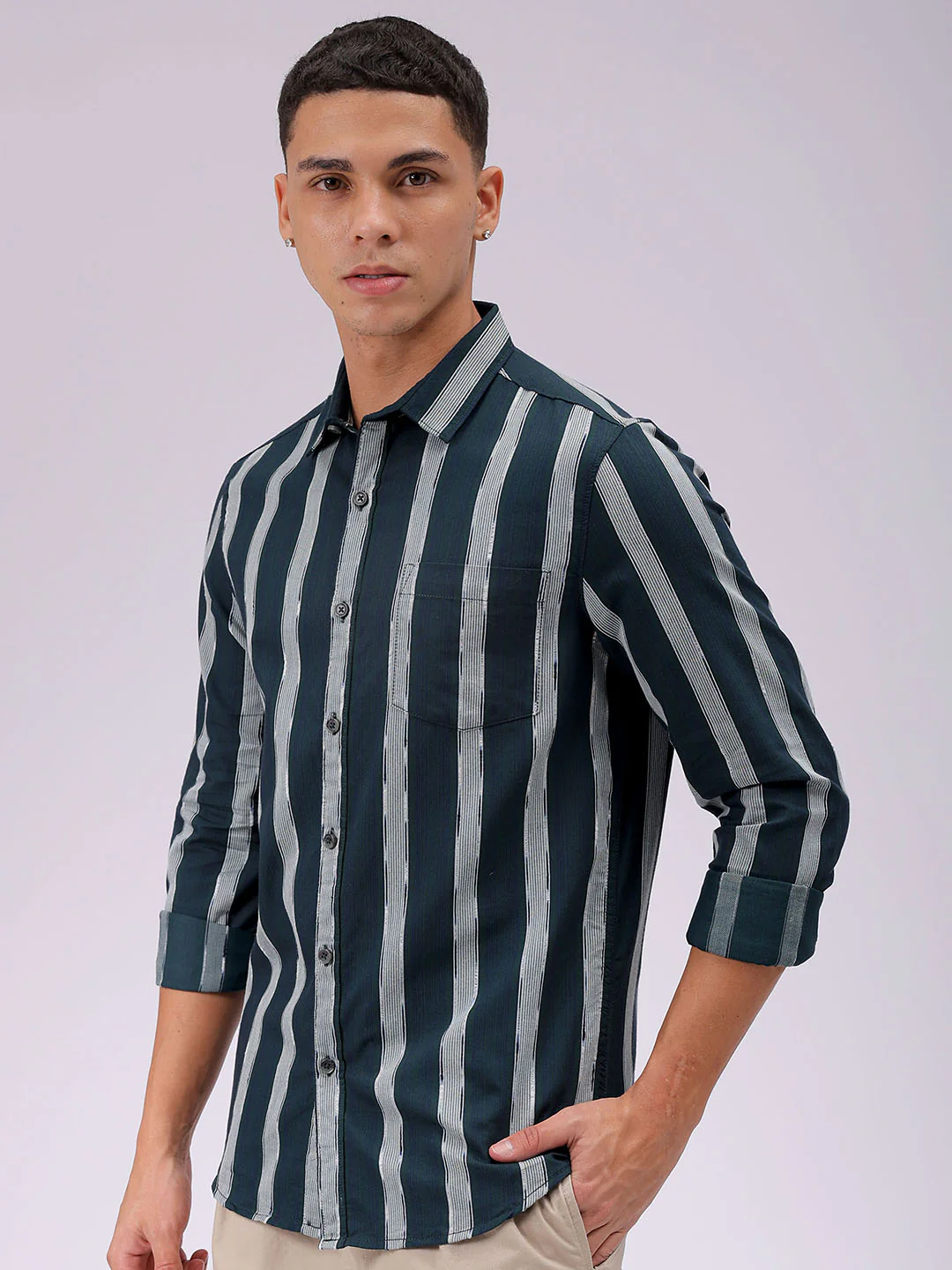 Men's Olive Slim Fit Striped Casual Shirt - Image 2