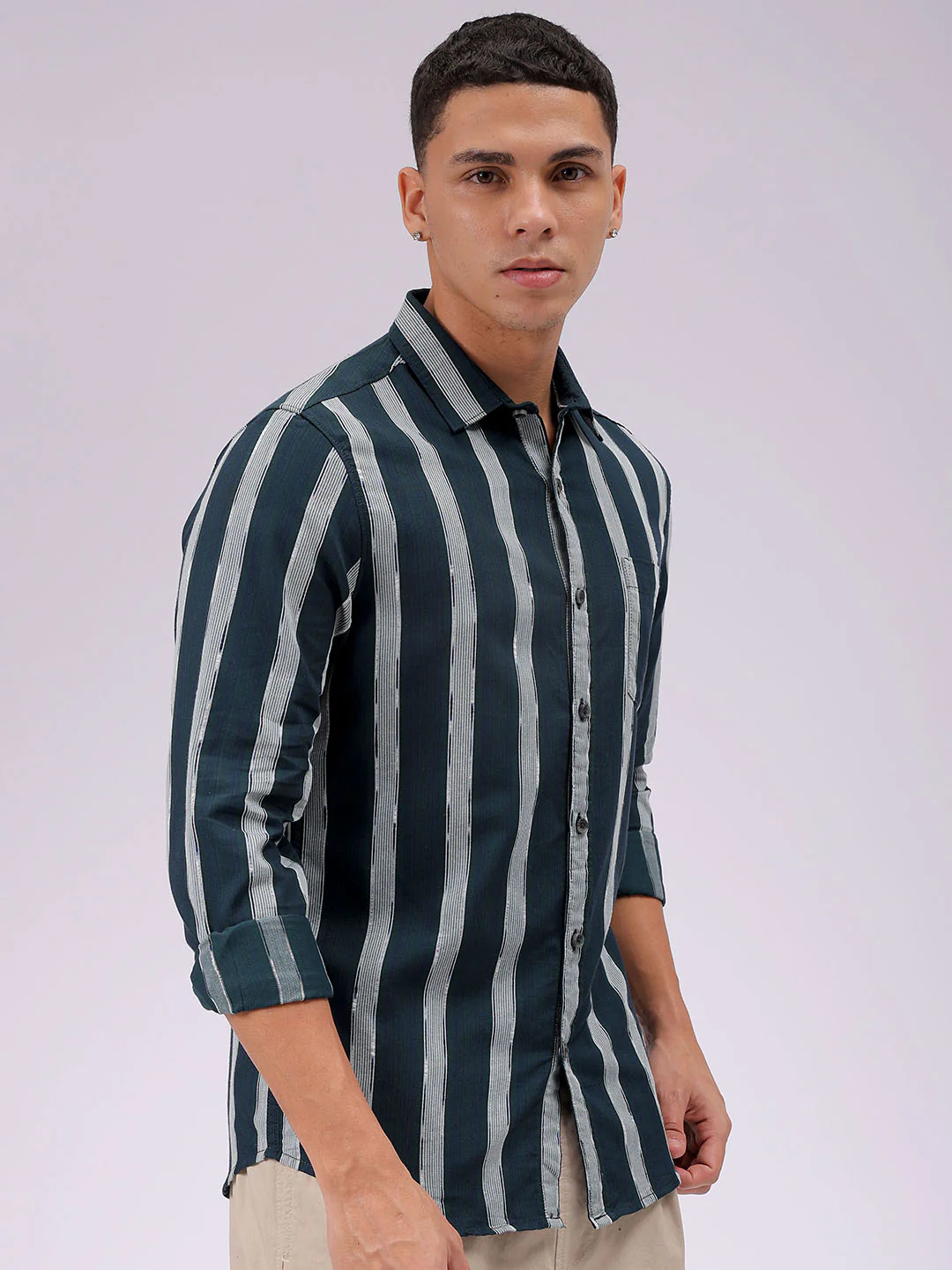 Men's Olive Slim Fit Striped Casual Shirt - Image 3