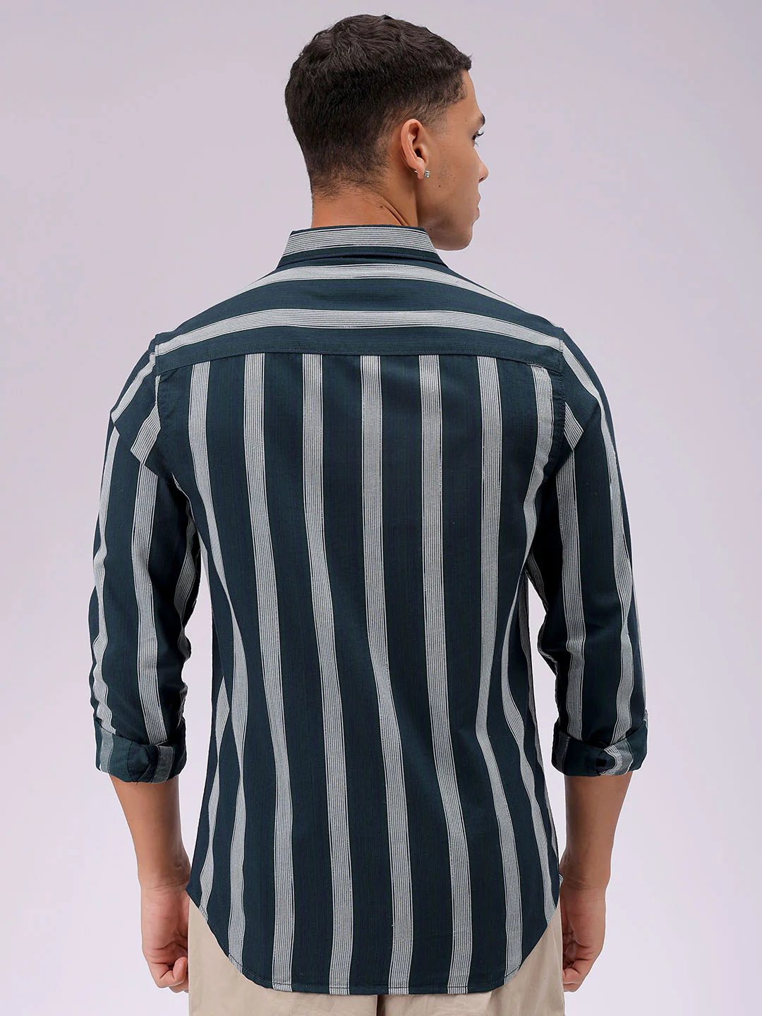 Men's Olive Slim Fit Striped Casual Shirt - Image 4