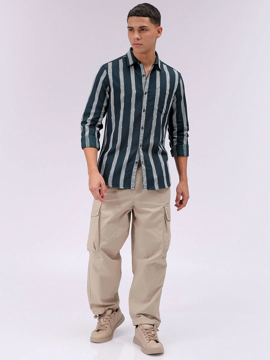 Men's Olive Slim Fit Striped Casual Shirt - Image 5