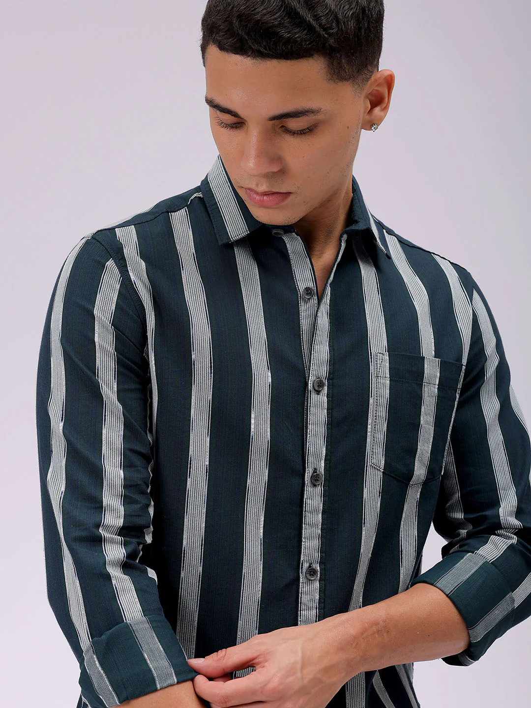 Men's Olive Slim Fit Striped Casual Shirt - Image 6
