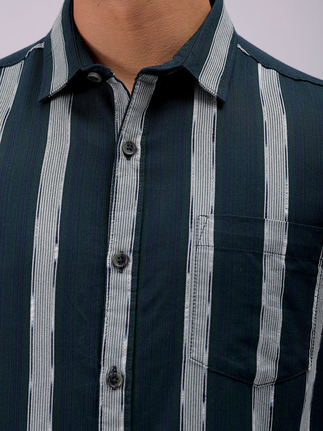 Men's Olive Slim Fit Striped Casual Shirt - Image 7