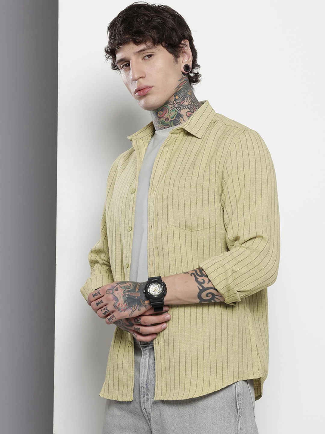 Men's Olive Slim Fit Striped Casual Shirt - Image 2