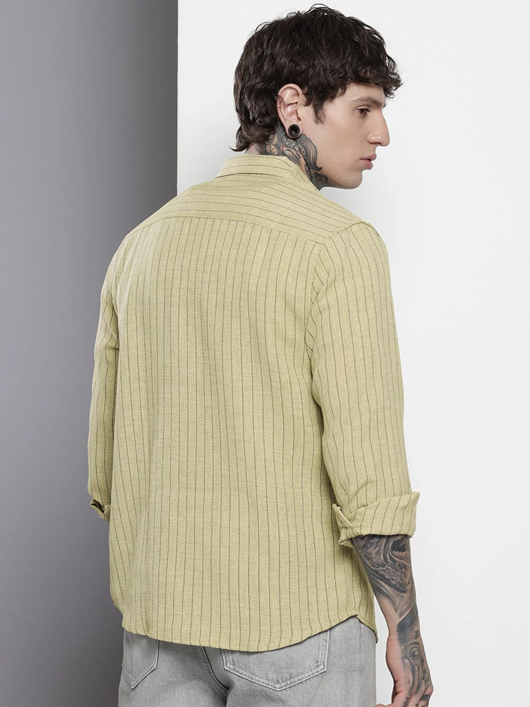 Men's Olive Slim Fit Striped Casual Shirt - Image 3