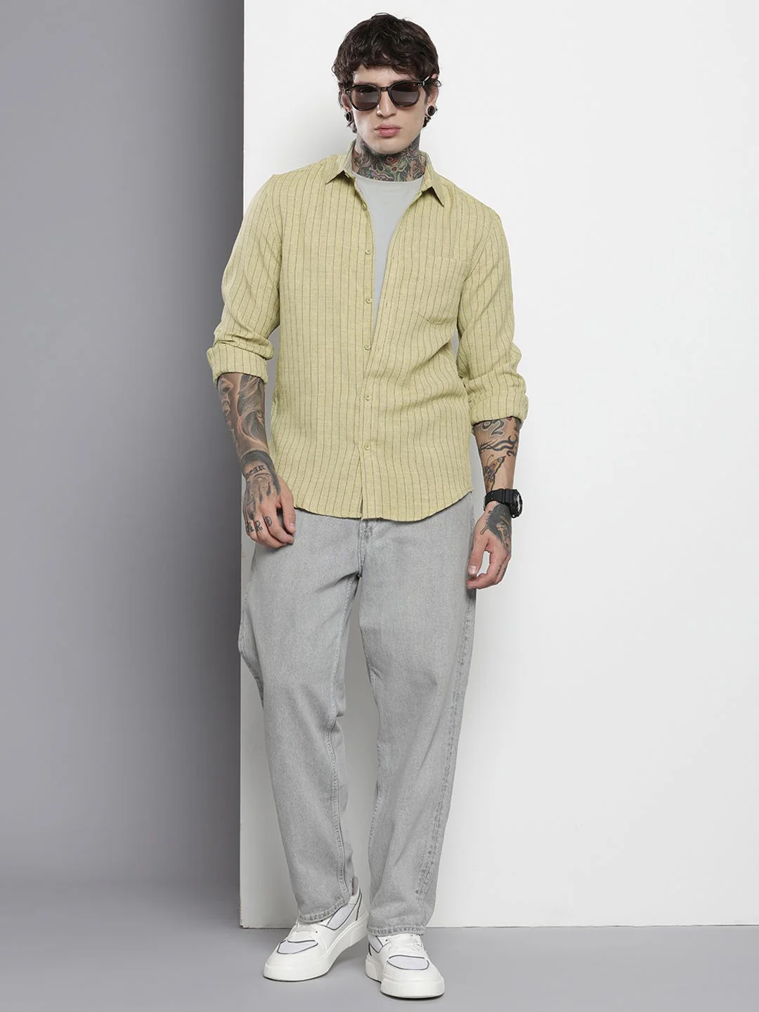 Men's Olive Slim Fit Striped Casual Shirt - Image 4