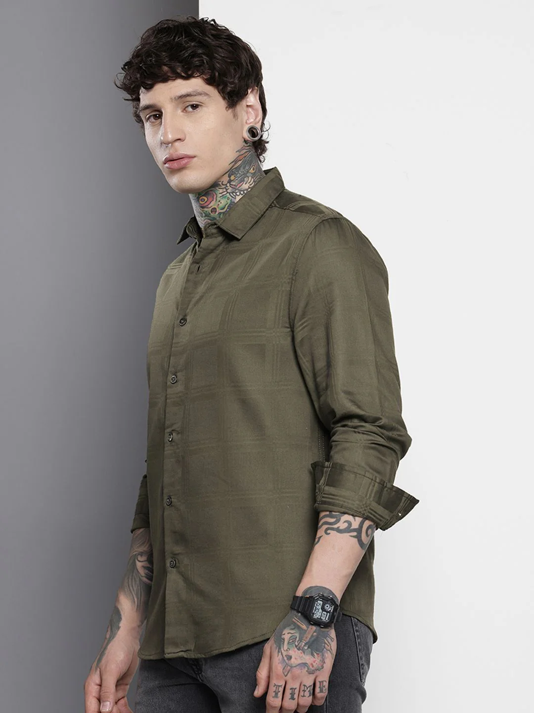 Men's Olive Slim Fit Textured Party Wear Shirt - Image 2
