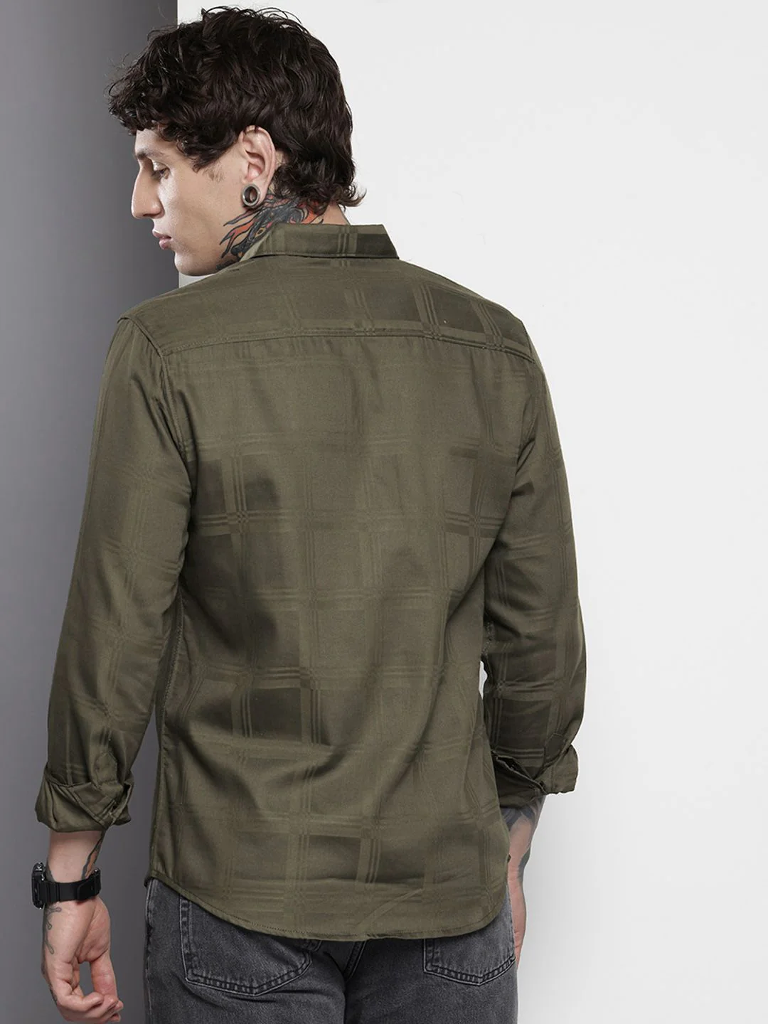 Men's Olive Slim Fit Textured Party Wear Shirt - Image 5