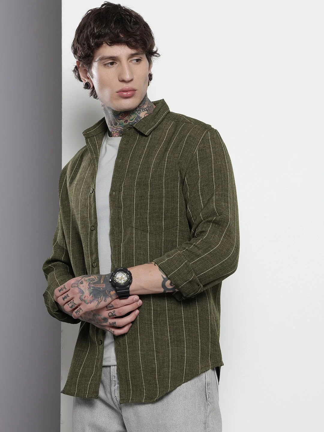 Men's Olive Slim Fit Striped Casual Shirt - Image 2