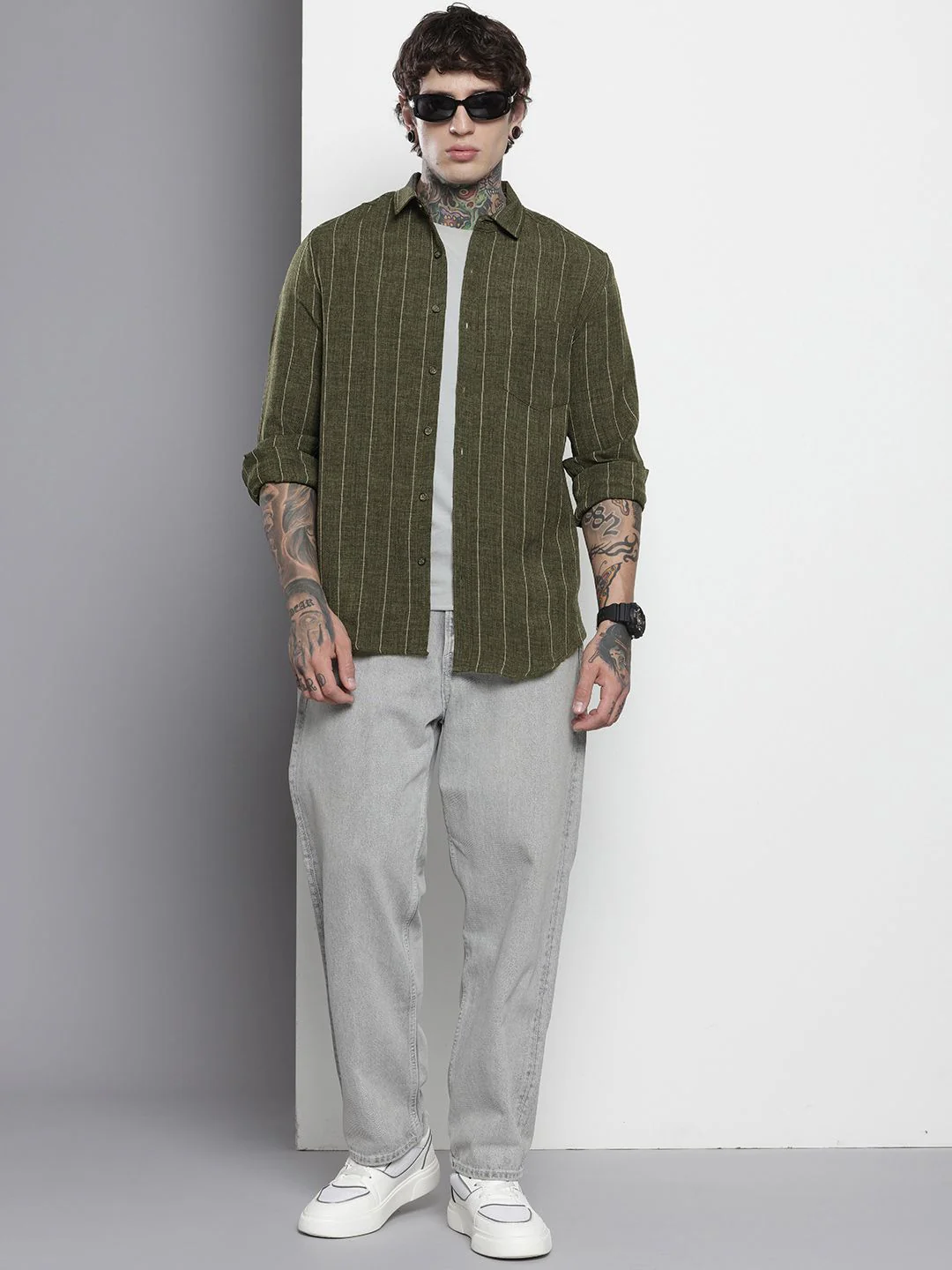 Men's Olive Slim Fit Striped Casual Shirt - Image 3