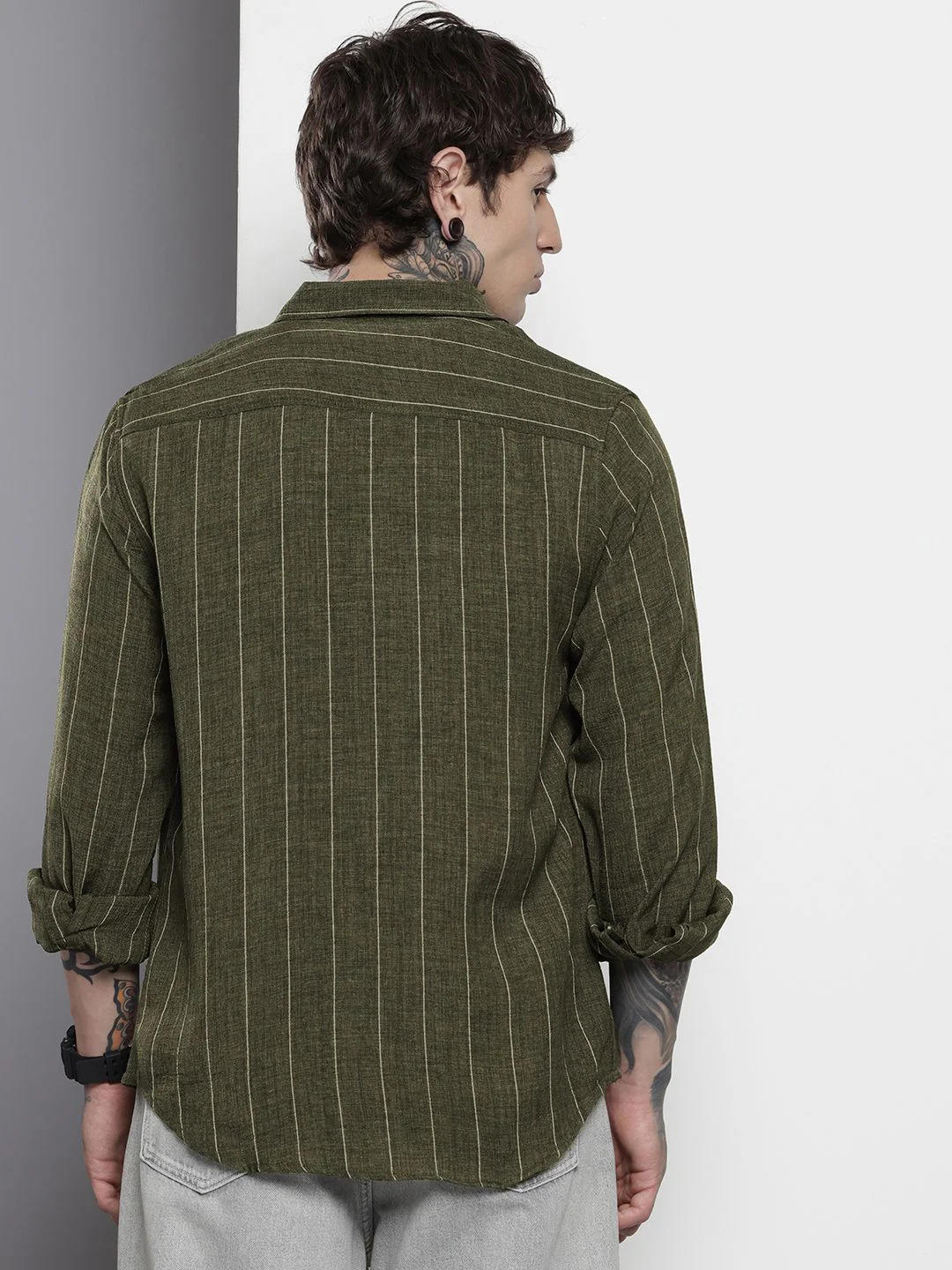 Men's Olive Slim Fit Striped Casual Shirt - Image 4