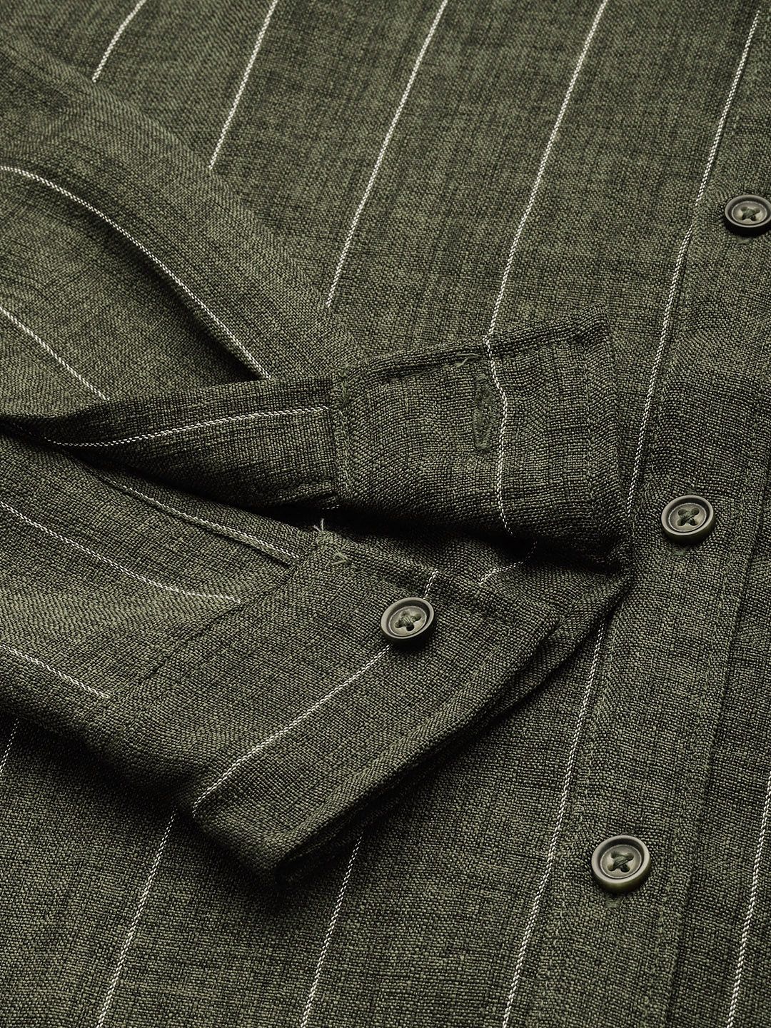 Men's Olive Slim Fit Striped Casual Shirt - Image 6