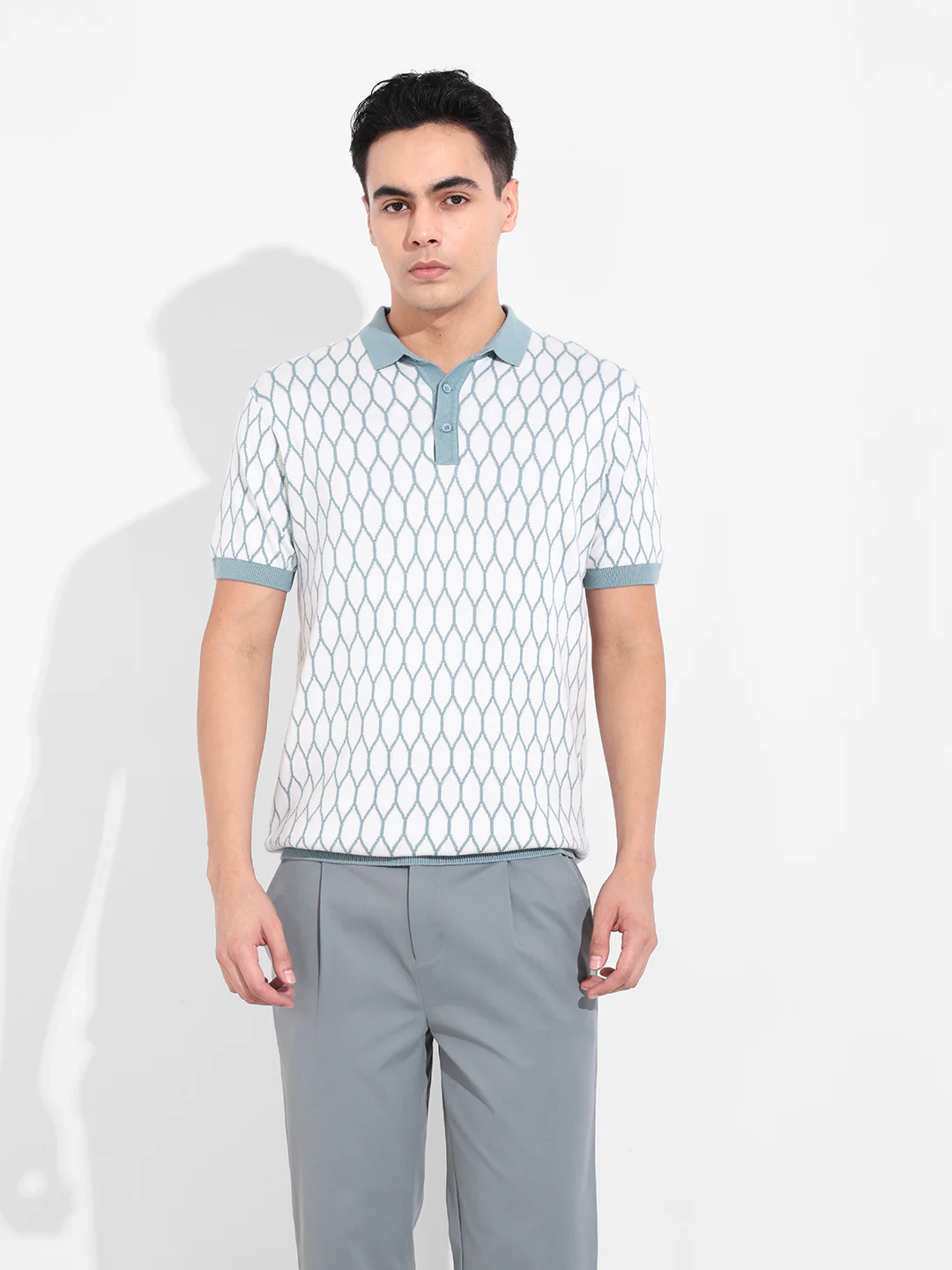 Men's White Slim Fit Textured Flat Knit T-Shirt - Image 4