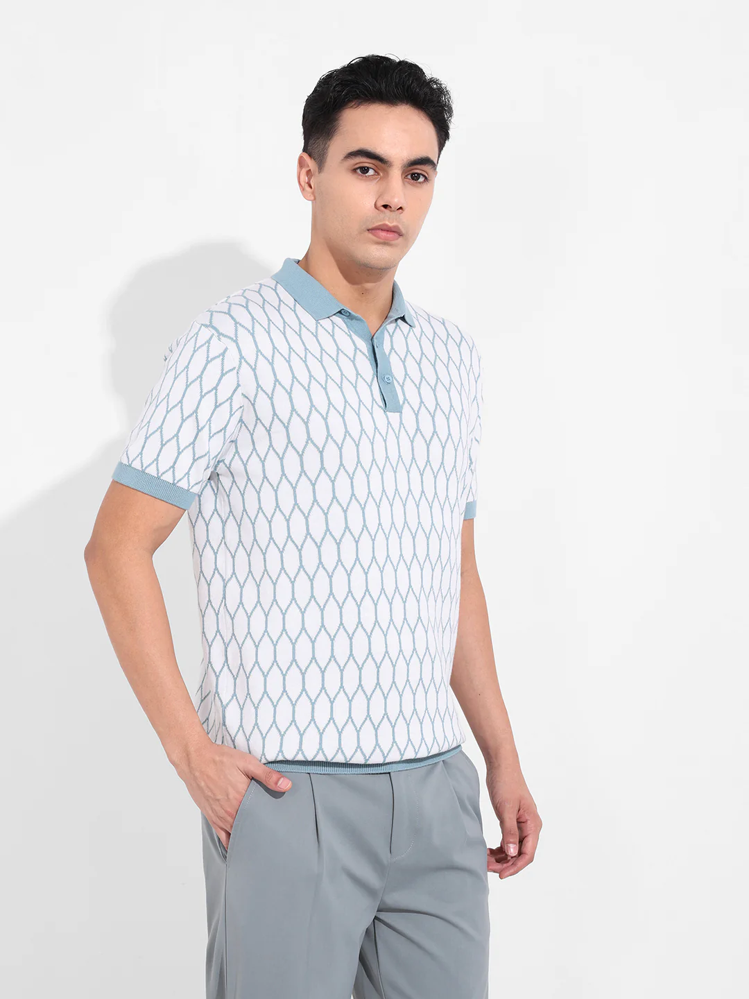 Men's White Slim Fit Textured Flat Knit T-Shirt - Image 5
