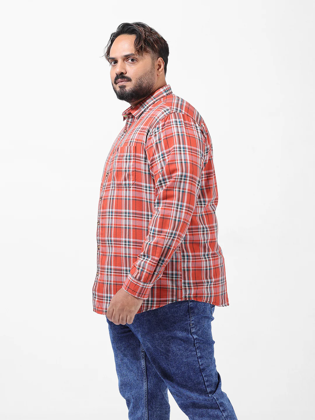 Men's Orange Regular Fit Checked Casual Shirt - Image 3