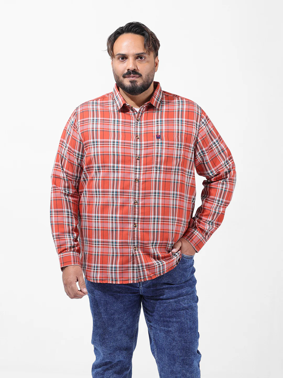 Men's Orange Regular Fit Checked Casual Shirt - Image 6