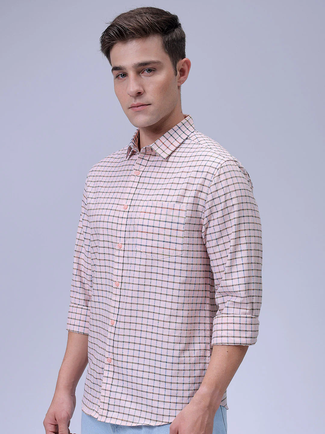 Men's Apricot Crush Slim Fit Checkered Casual Shirt - Image 2