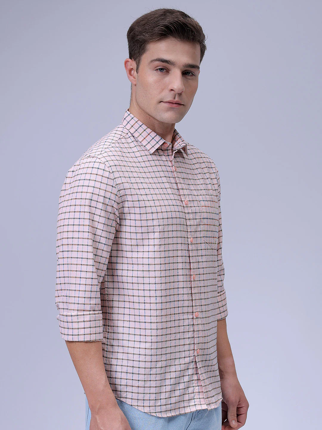 Men's Apricot Crush Slim Fit Checkered Casual Shirt - Image 4