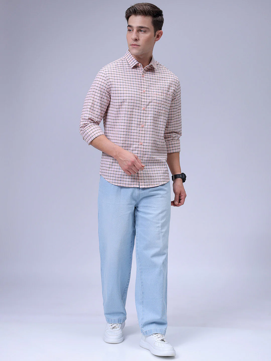 Men's Apricot Crush Slim Fit Checkered Casual Shirt - Image 6