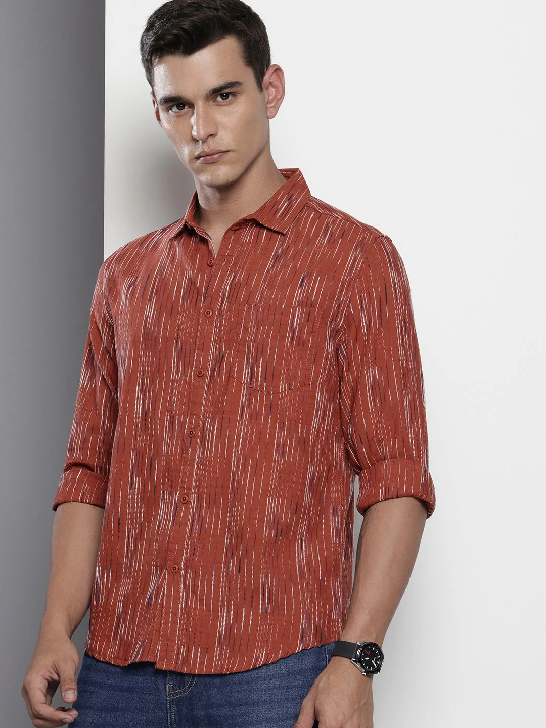 Men's Rust Slim Fit Striped Casual Shirt - Image 2