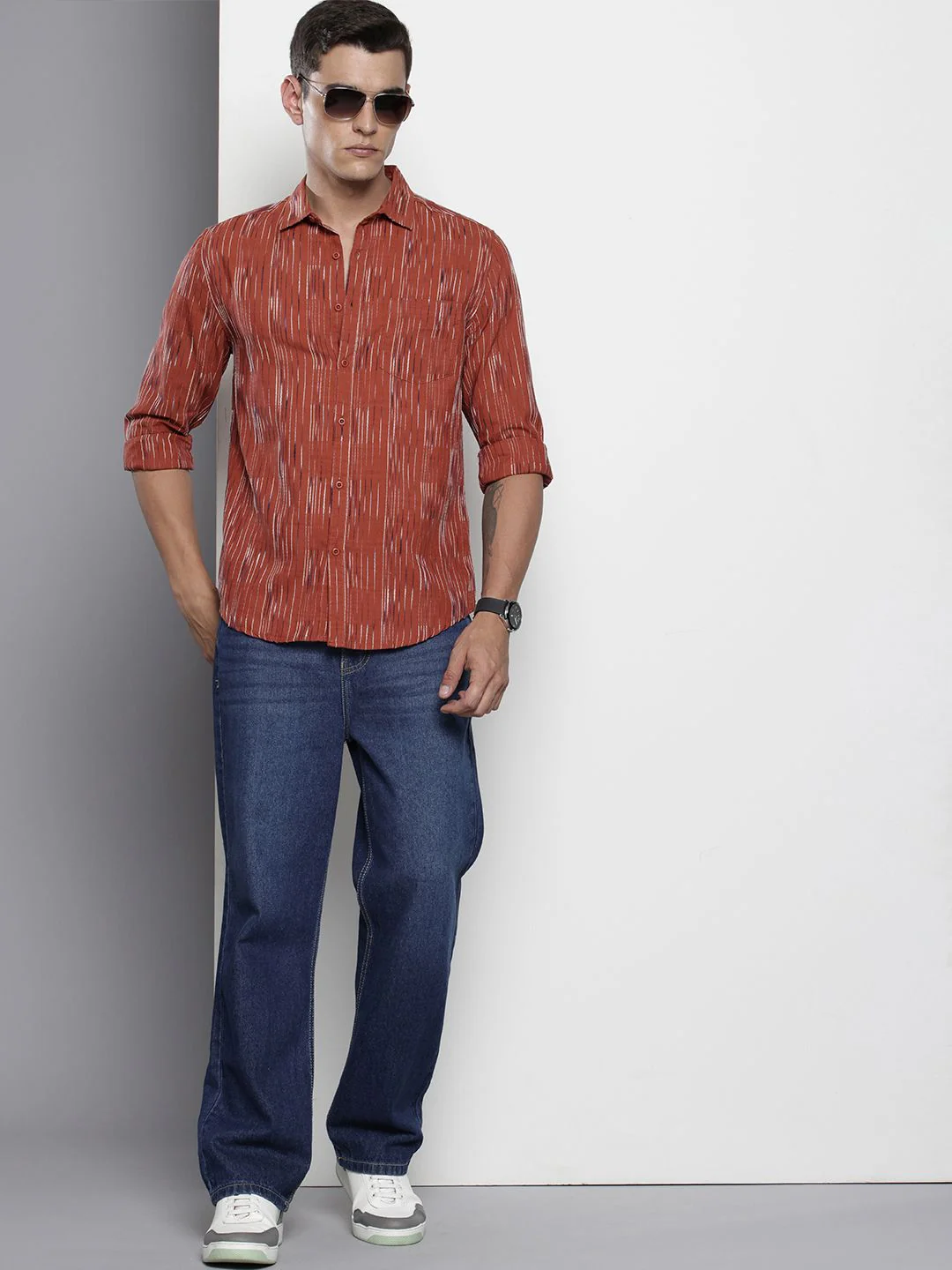 Men's Rust Slim Fit Striped Casual Shirt - Image 3
