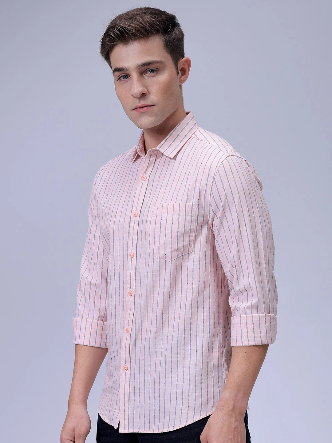 Men's Apricot Crush Slim Fit Striped Casual Shirt - Image 2