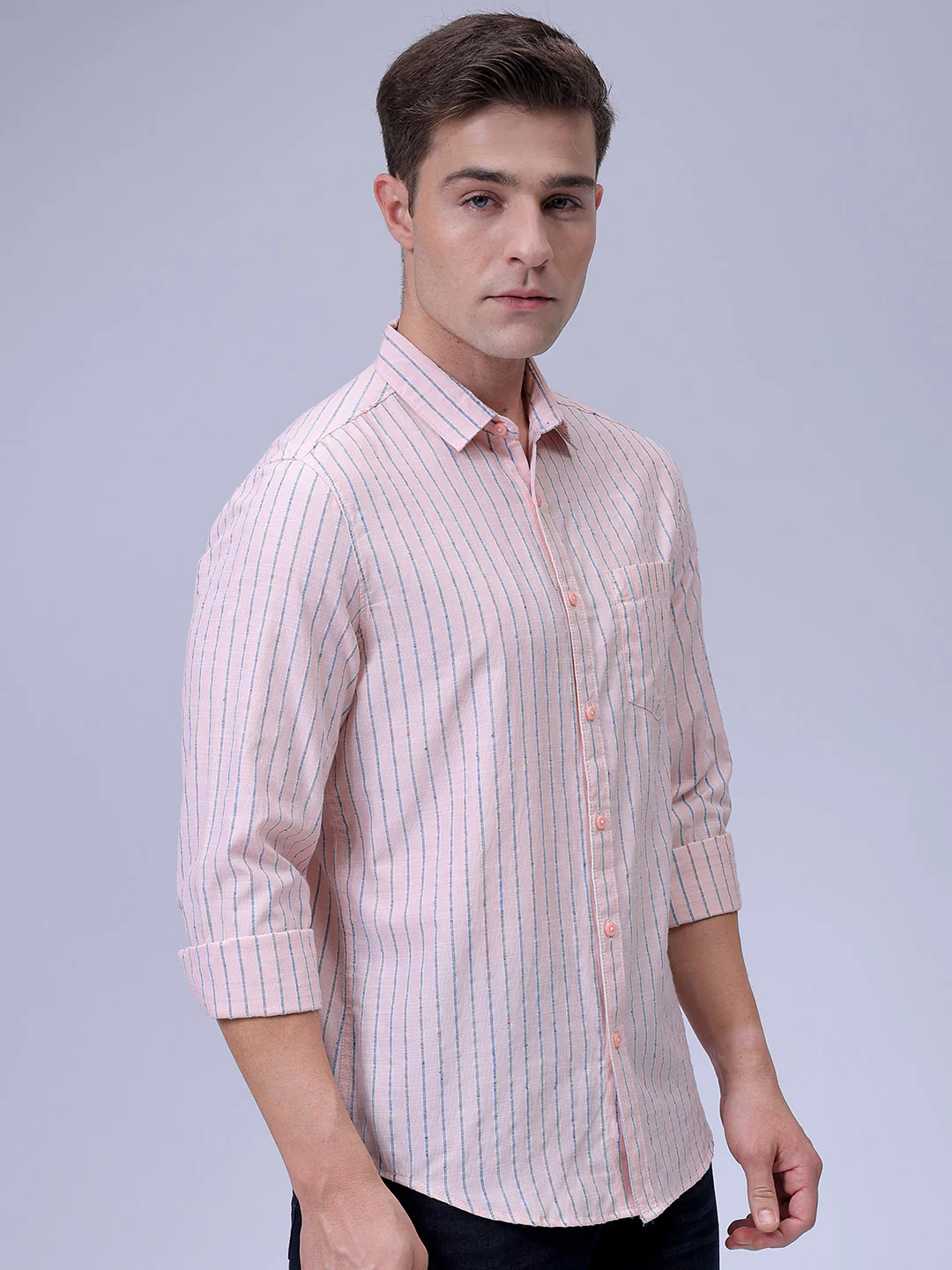 Men's Apricot Crush Slim Fit Striped Casual Shirt - Image 3
