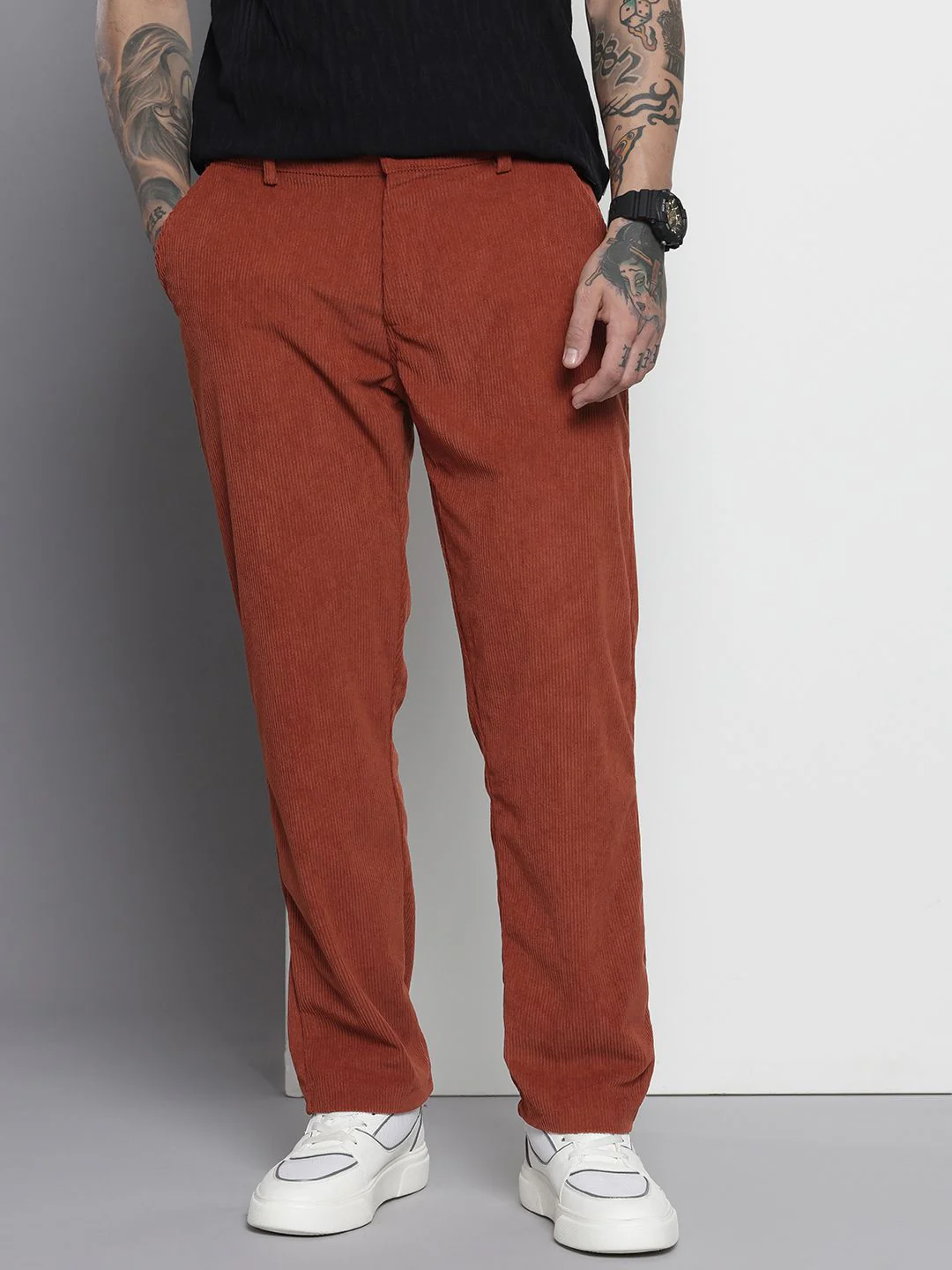 Men's Rust Regular Fit Textured Casual Trouser - Image 2