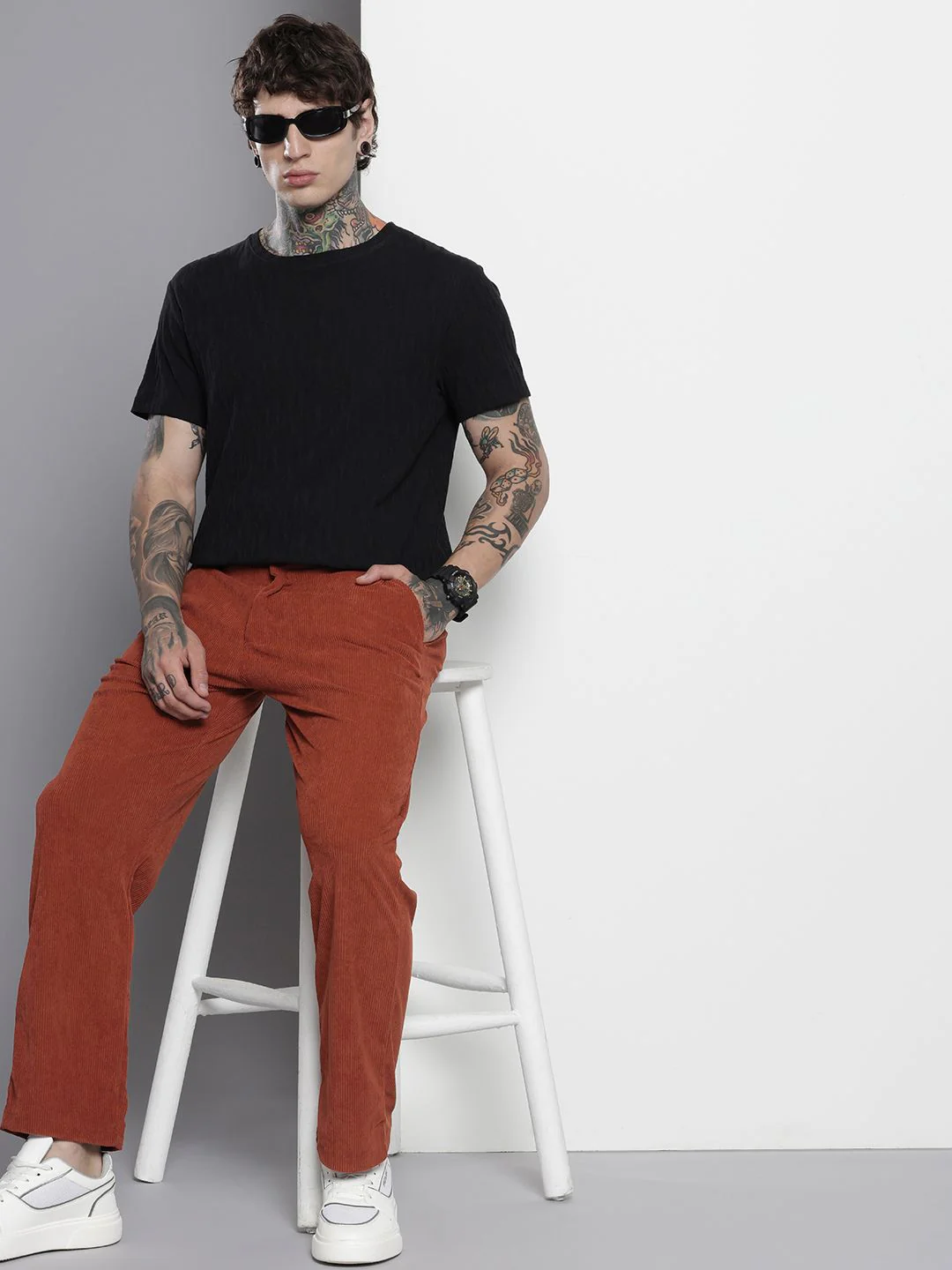 Men's Rust Regular Fit Textured Casual Trouser - Image 4