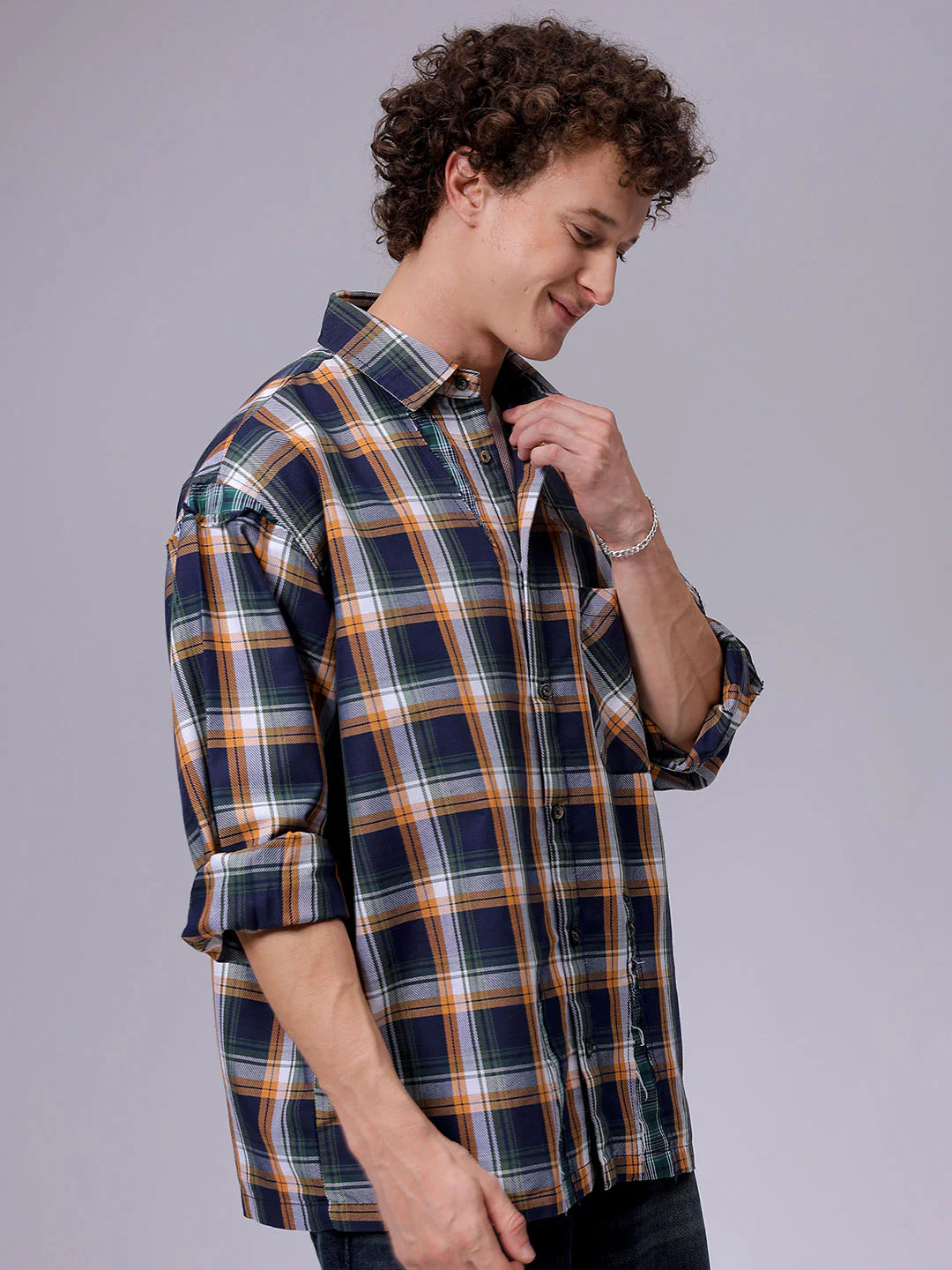 Men's Navy Oversized Fit Checkered Korean Street Shirt - Image 3