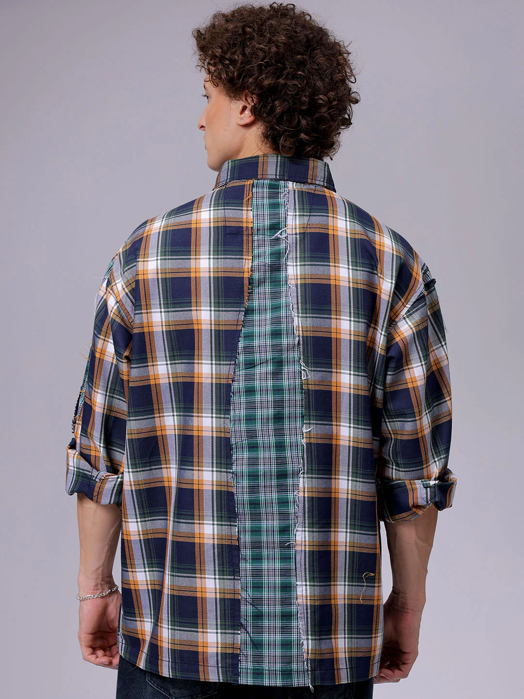 Men's Navy Oversized Fit Checkered Korean Street Shirt - Image 4