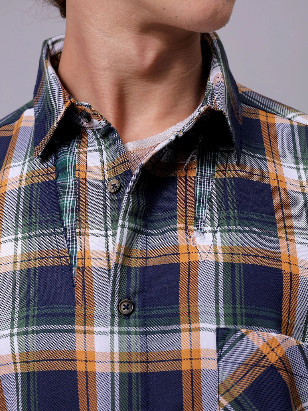 Men's Navy Oversized Fit Checkered Korean Street Shirt - Image 5