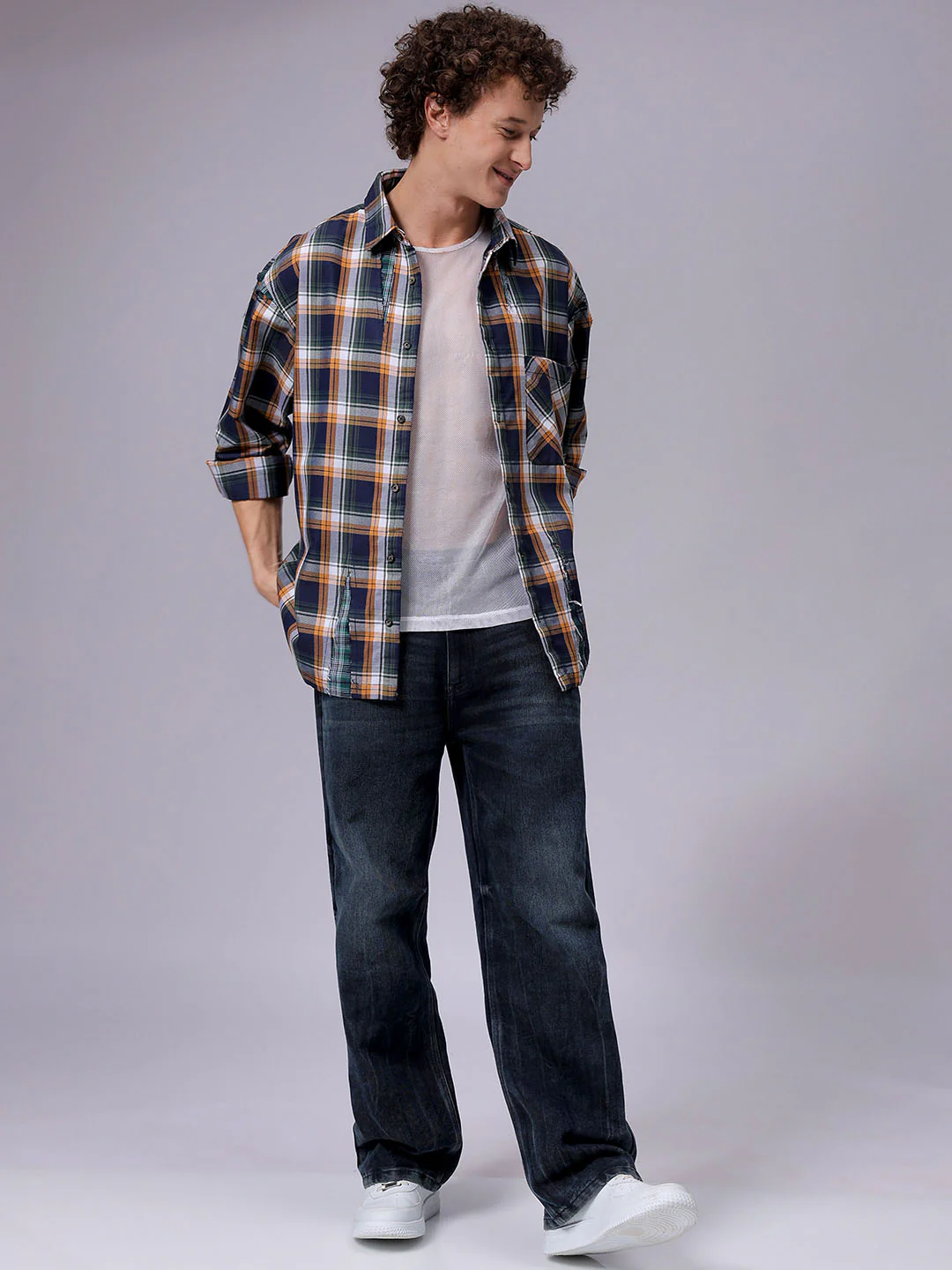Men's Navy Oversized Fit Checkered Korean Street Shirt - Image 6