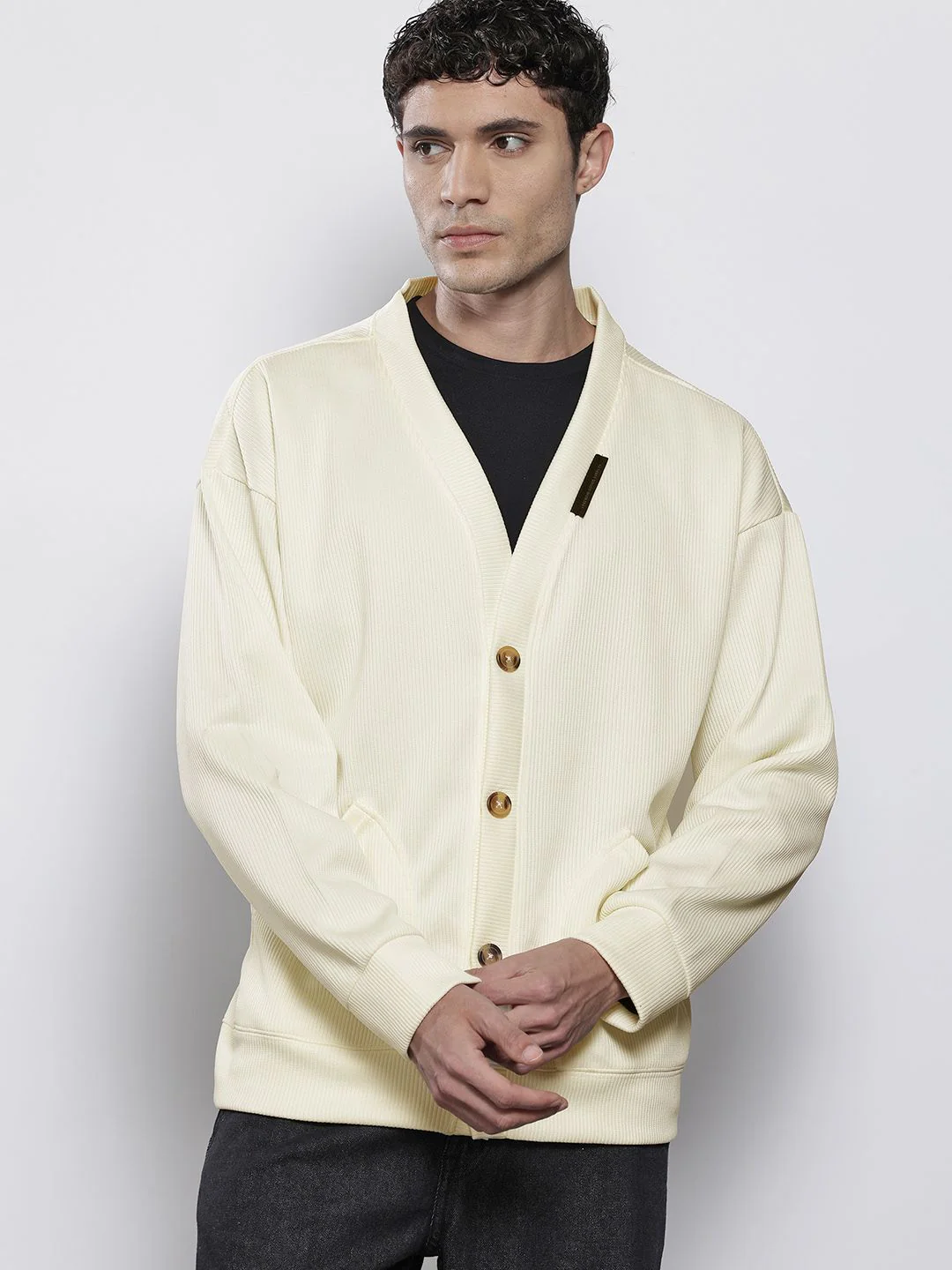 Men's Off White Oversized Fit Textured Casual Sweatshirts - Image 3