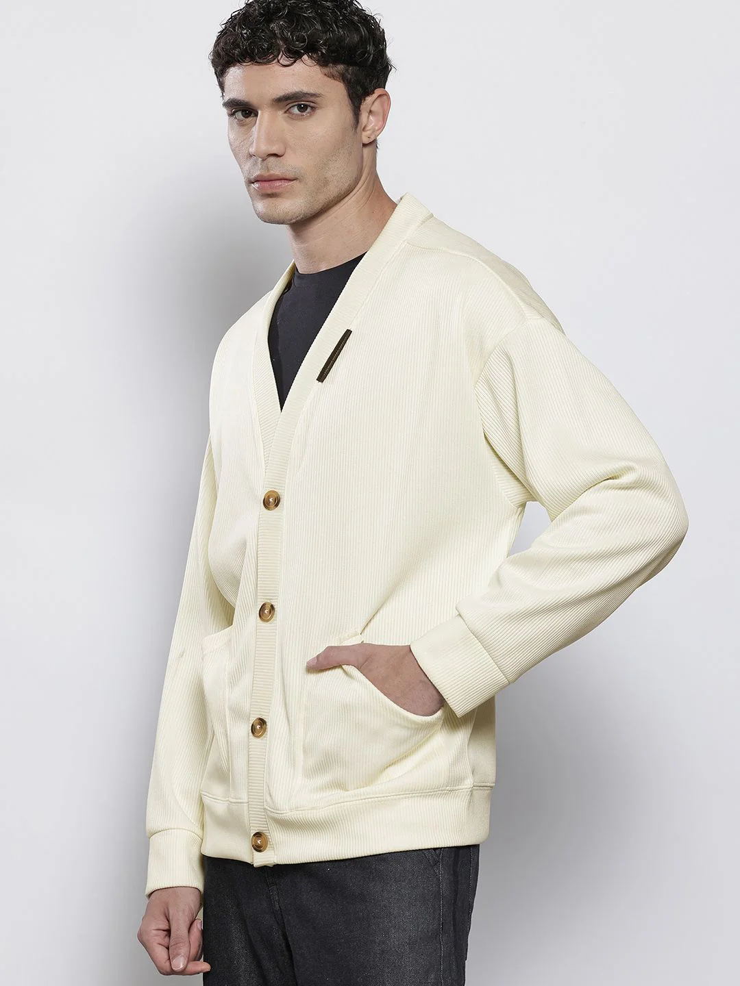 Men's Off White Oversized Fit Textured Casual Sweatshirts - Image 4