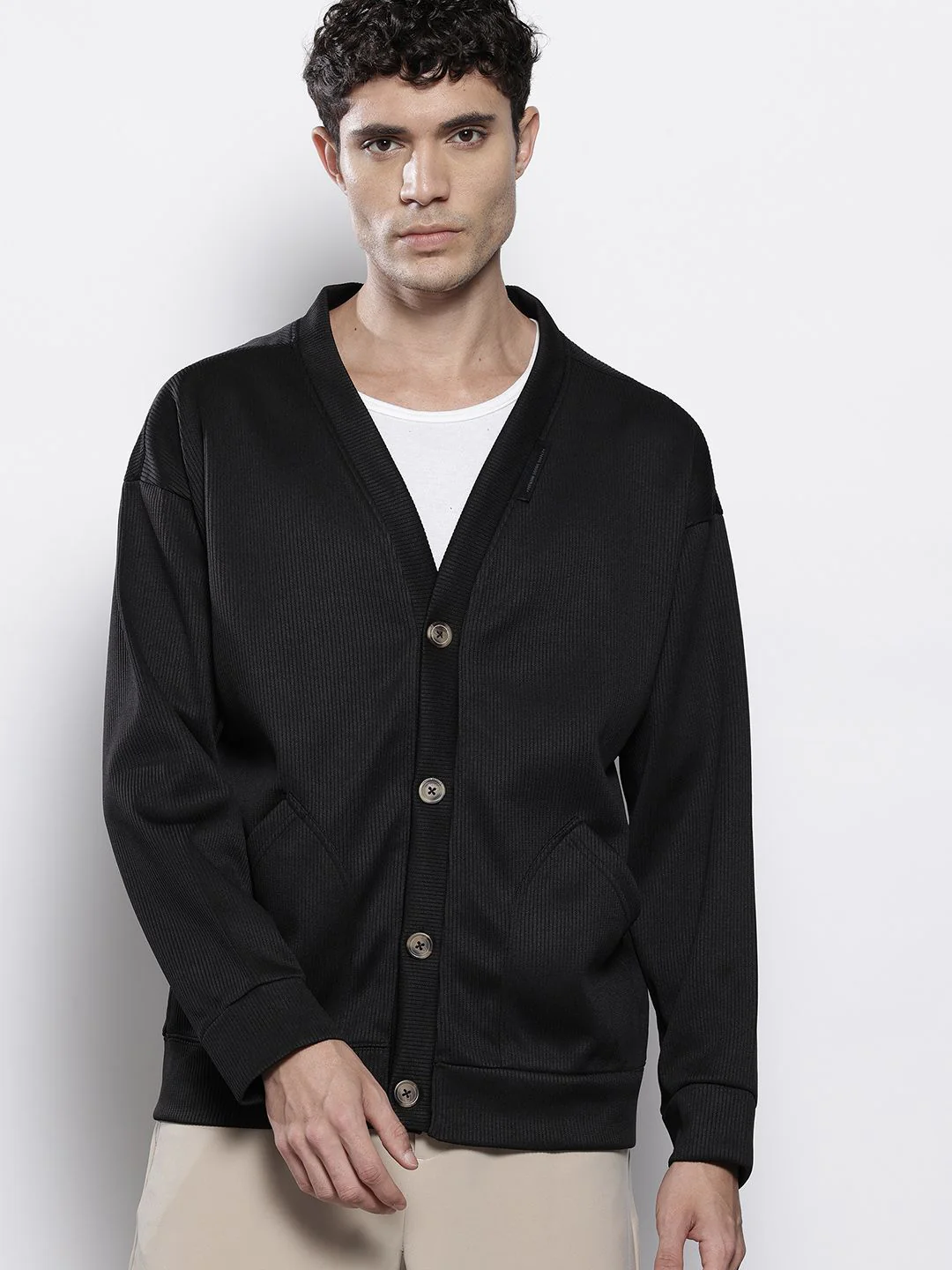 Men's Black Oversized Fit Textured Casual Sweatshirts - Image 3