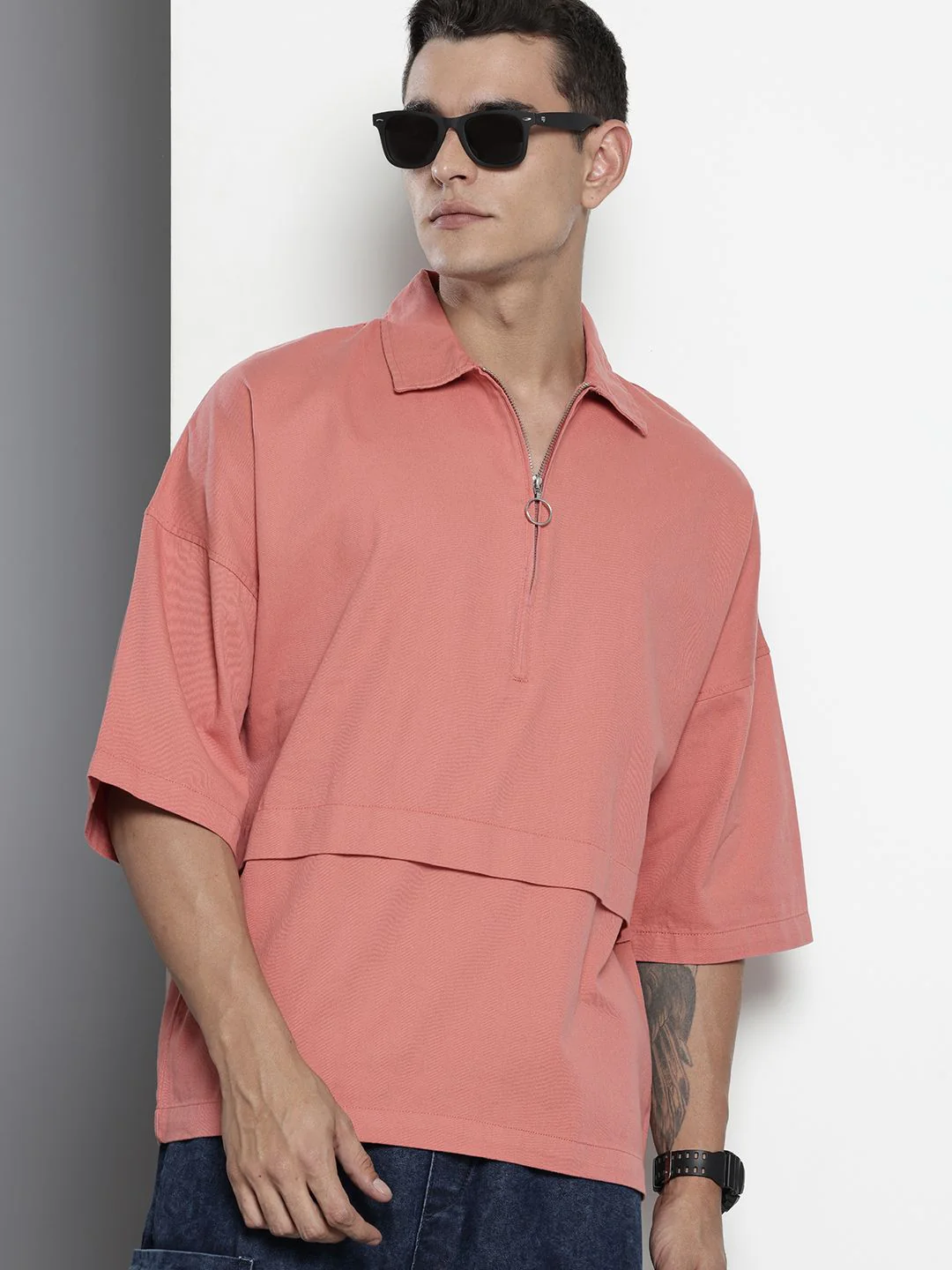 Men's Pink Oversized Solid Korean Street Wear Shirt - Image 2