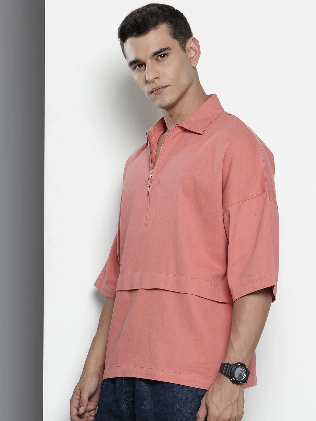 Men's Pink Oversized Solid Korean Street Wear Shirt - Image 3