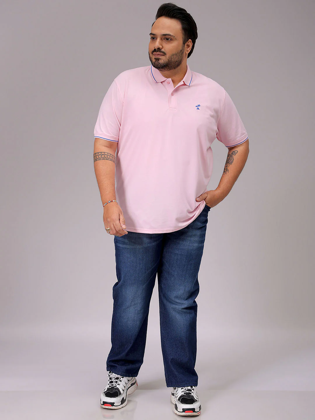 Men's Pink Regular Fit Solid Polo Plus Size T-shirt - Image 2