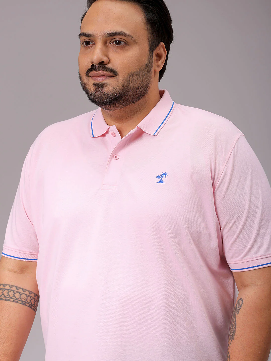 Men's Pink Regular Fit Solid Polo Plus Size T-shirt - Image 3
