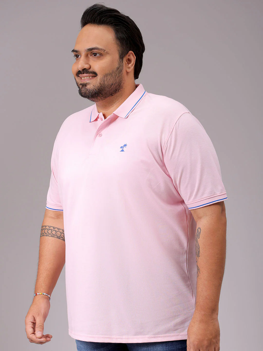 Men's Pink Regular Fit Solid Polo Plus Size T-shirt - Image 5