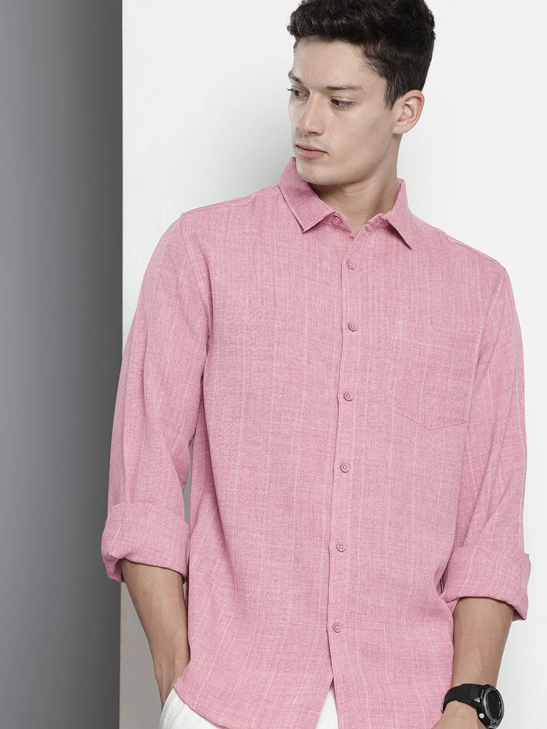 Men's Pink Slim Fit Striped Casual Shirt - Image 2