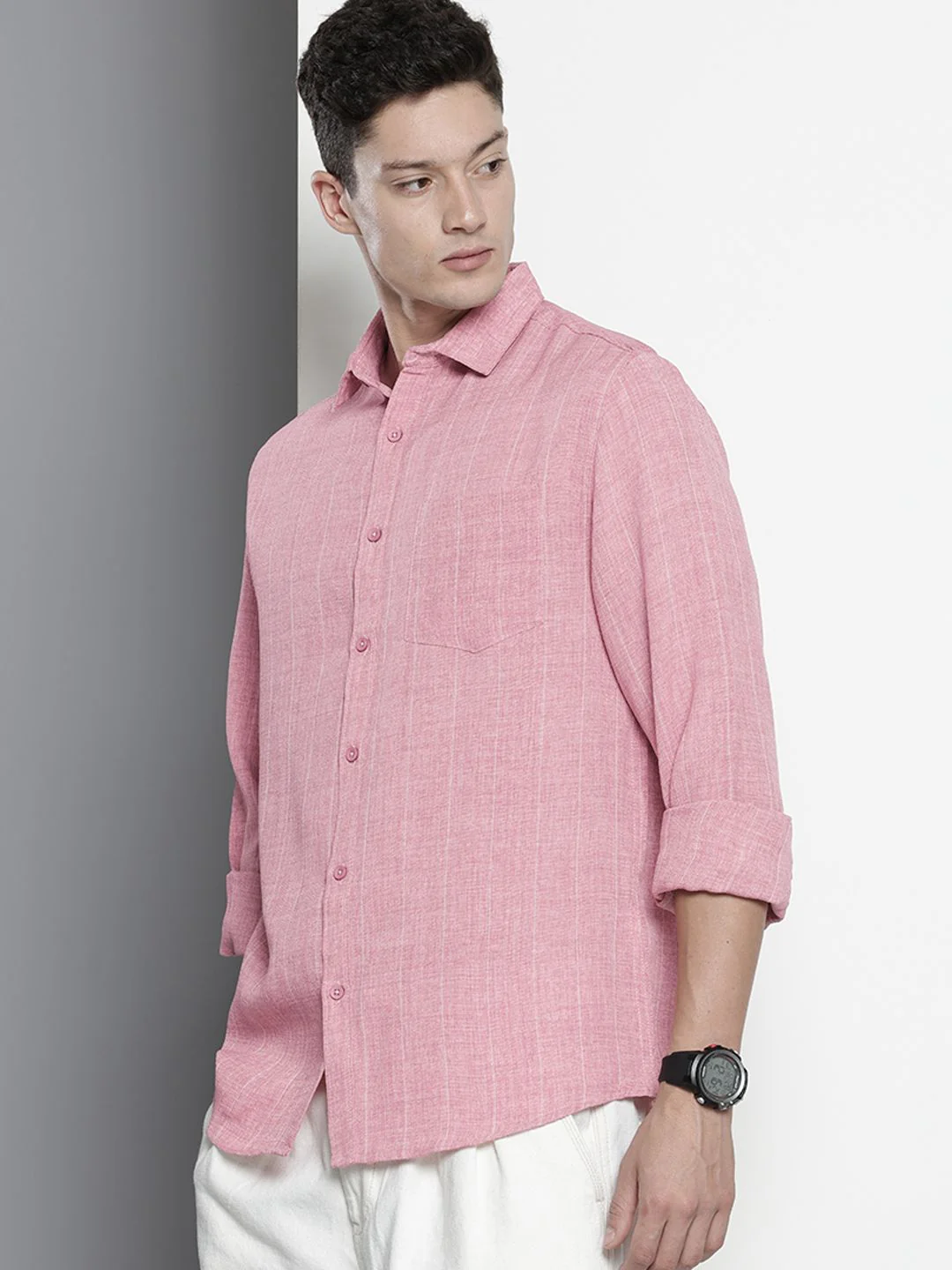 Men's Pink Slim Fit Striped Casual Shirt - Image 4